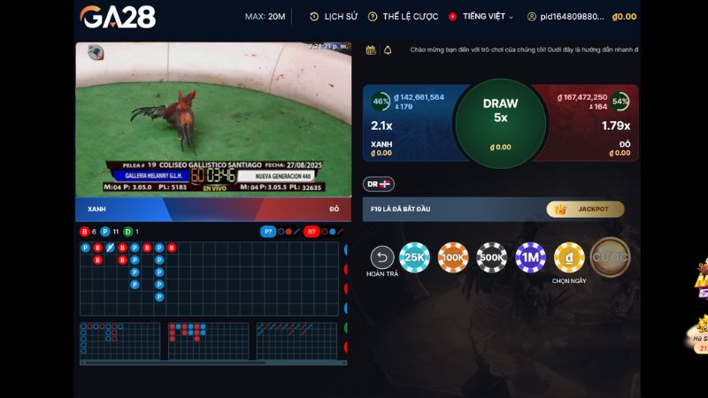 Giao diện đặt cược đá gà tại sảnh đá gà GA28