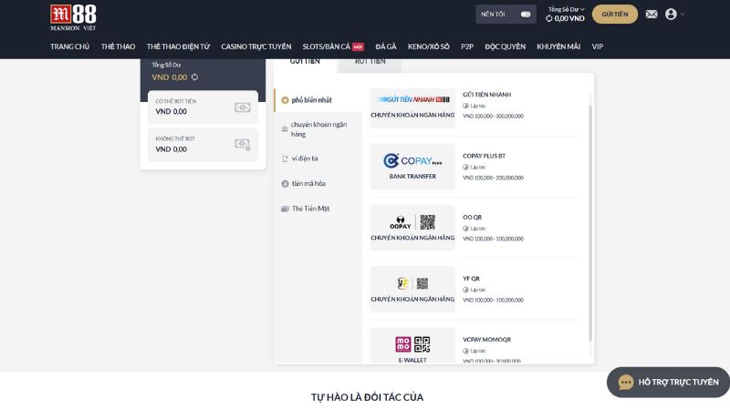 Nhà cái M88 hỗ trợ đa dạng các phương thức nạp tiền